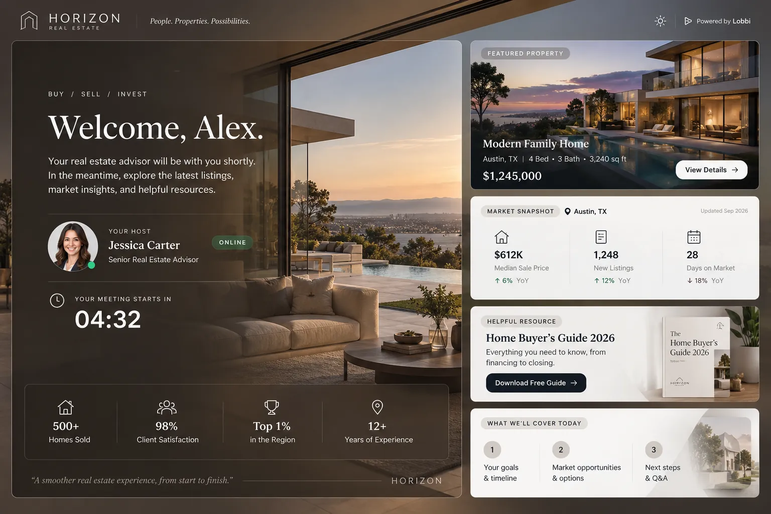 Horizon Real Estate’s branded Lobbi room welcoming Alex with a host profile, featured property, market snapshot, and helpful resources