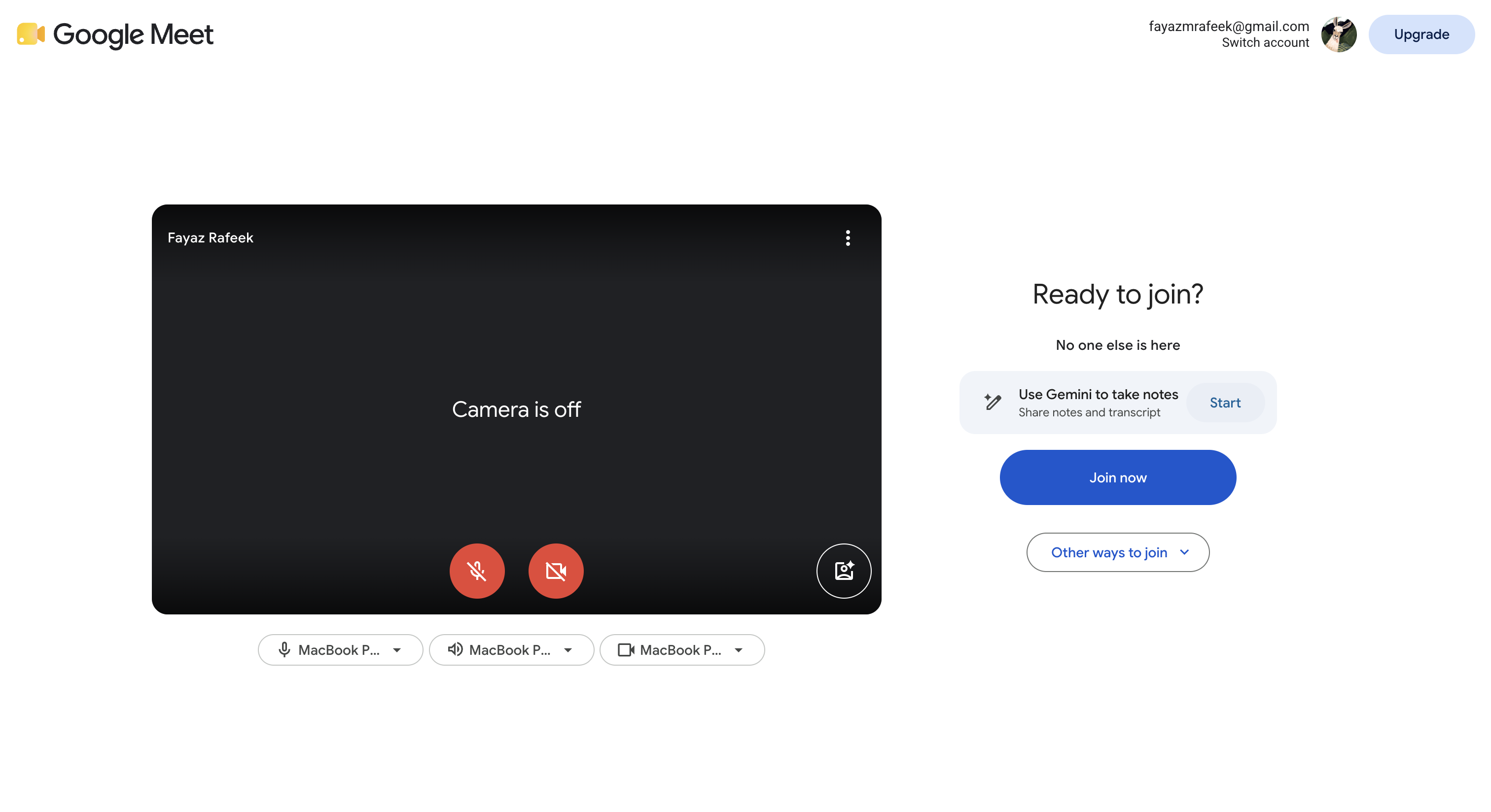 A blank Google Meet ready-to-join screen