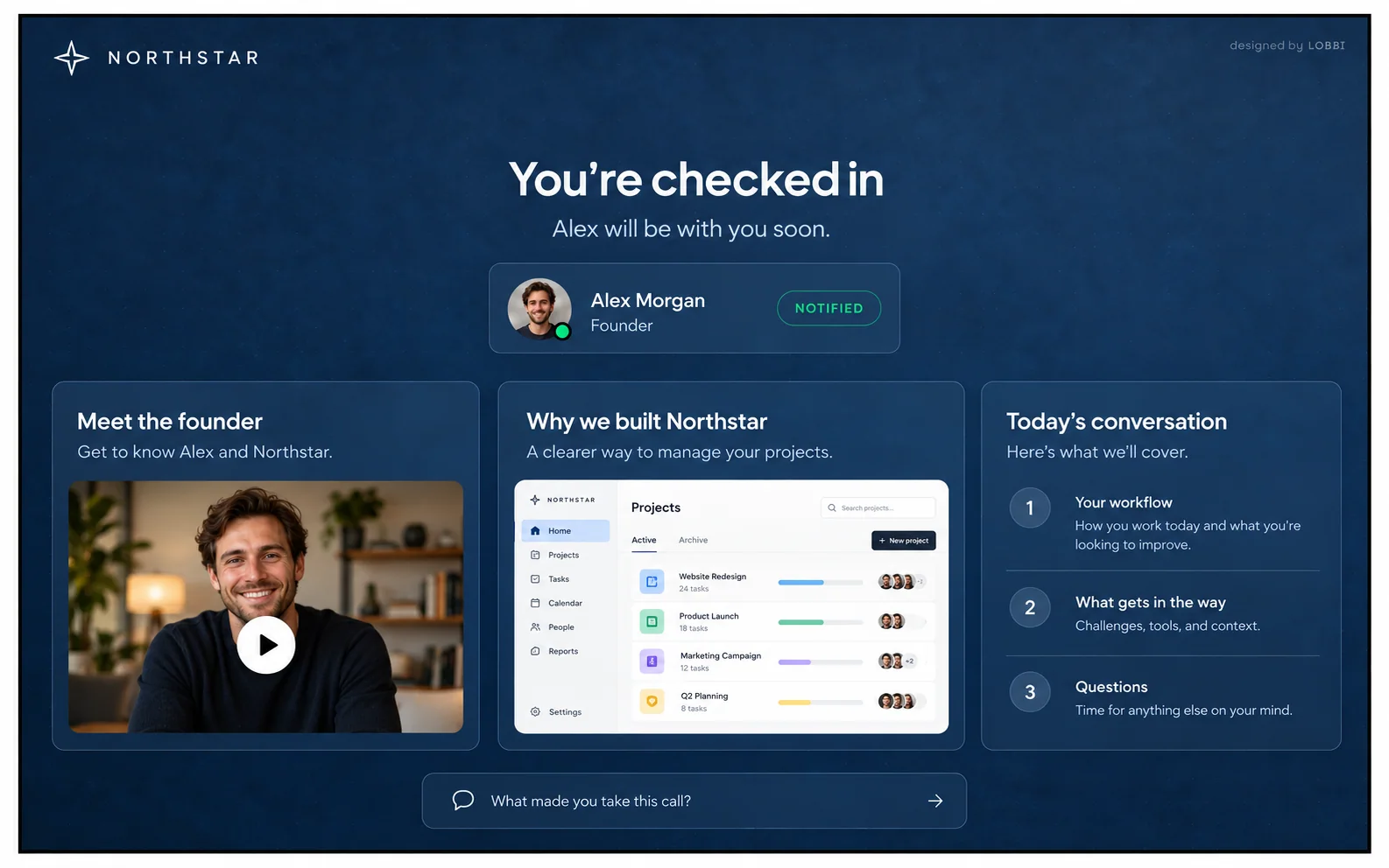 Founder Lobbi room with a welcome and call-specific content